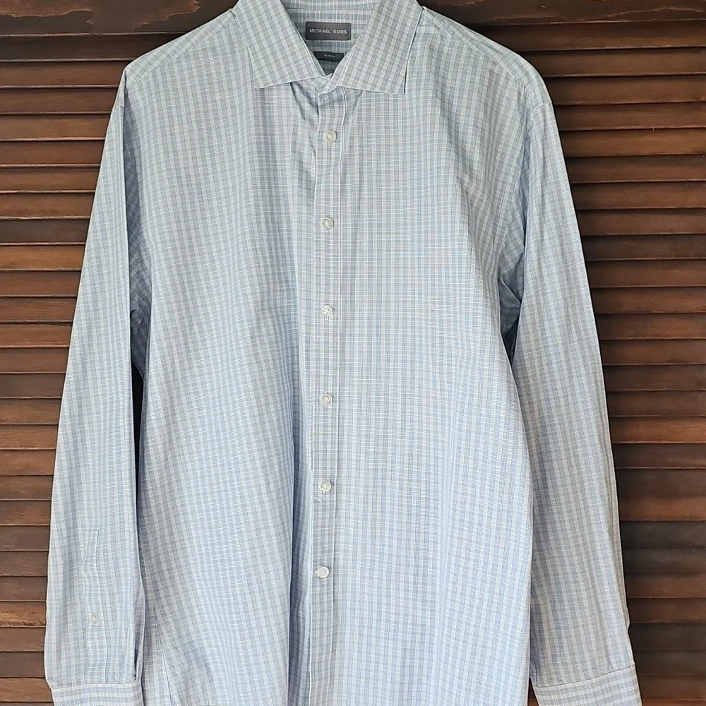 Michael Kors Slim Fit Blue Tan Button Down Dress Shirt Mens Size XL 17-1/2 34-35 - Picture 2 of 13